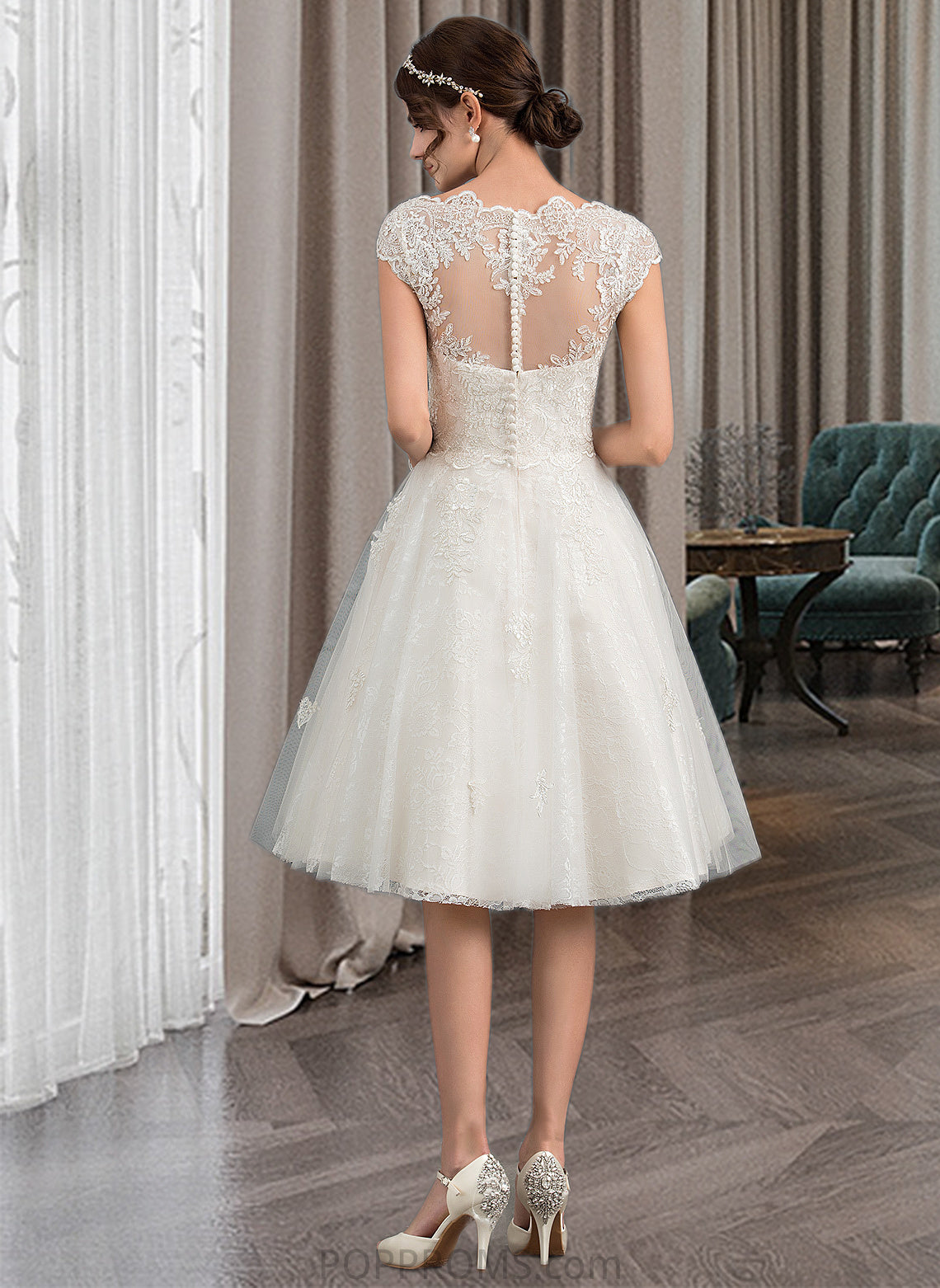 Kiera A-Line V-neck Knee-Length Tulle Lace Wedding Dress PP6P0013700