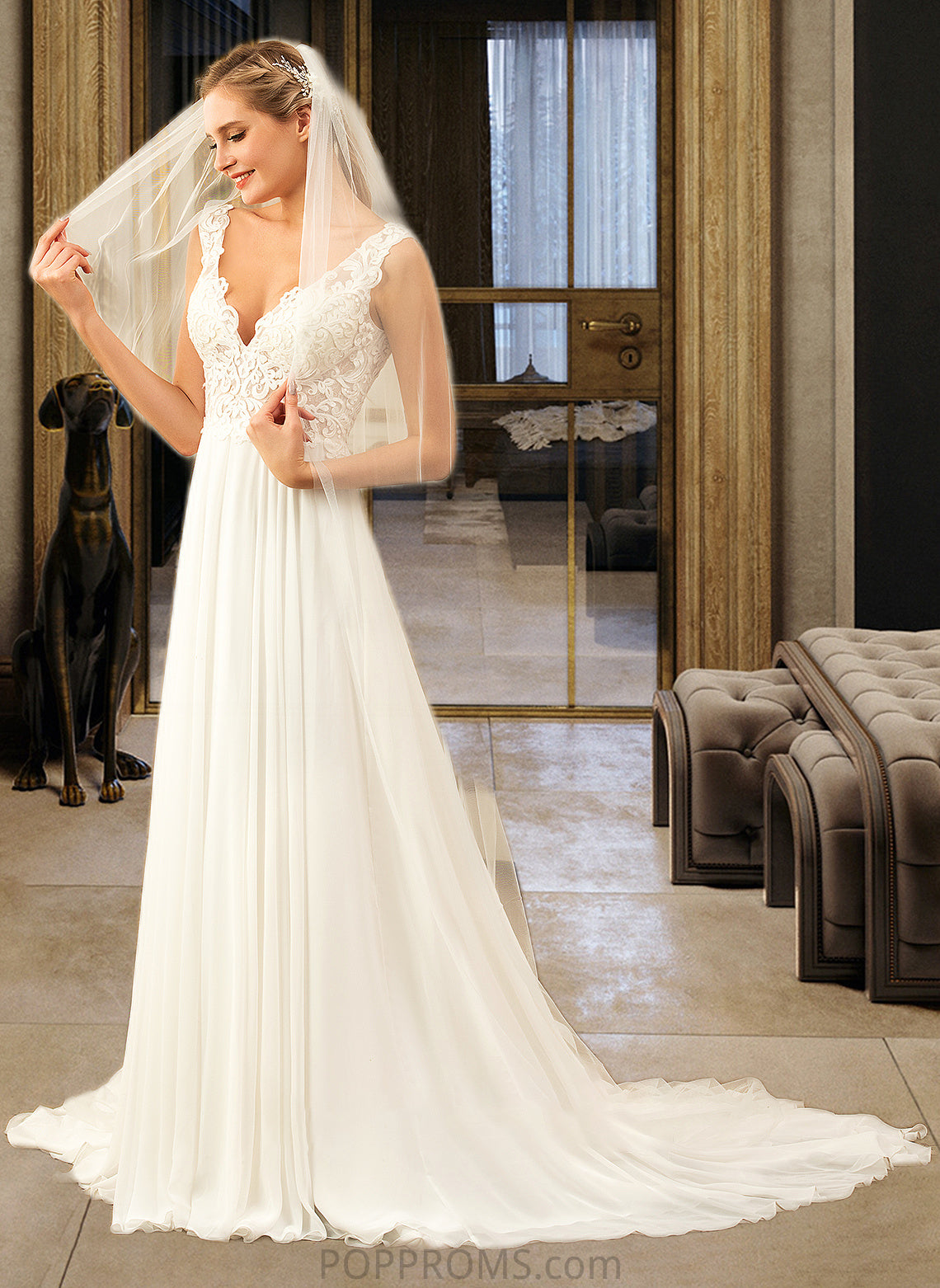 Theresa A-Line V-neck Court Train Chiffon Wedding Dress PP6P0013701