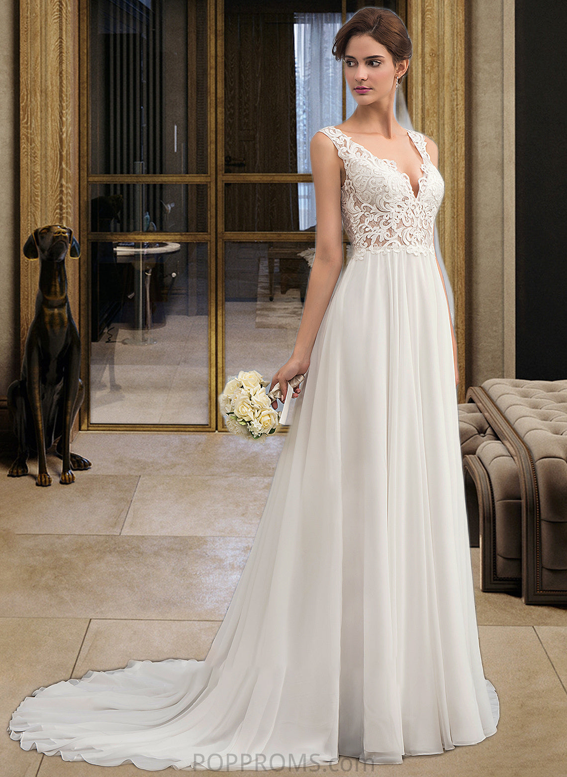 Theresa A-Line V-neck Court Train Chiffon Wedding Dress PP6P0013701