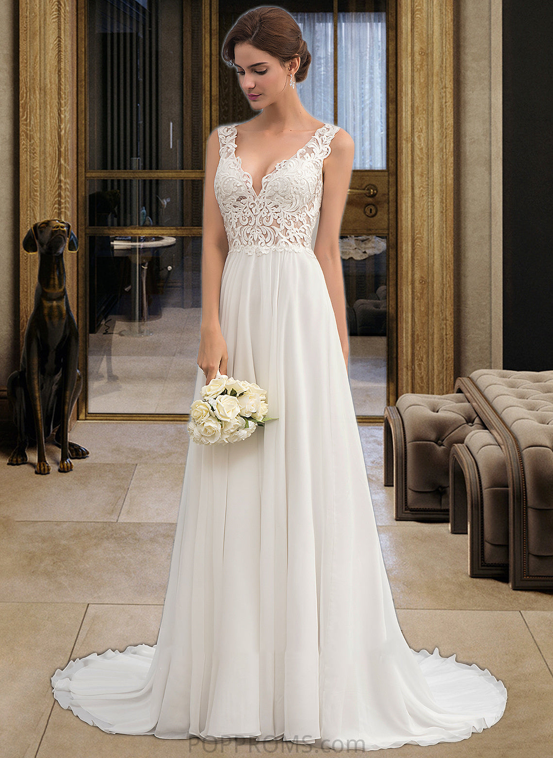 Theresa A-Line V-neck Court Train Chiffon Wedding Dress PP6P0013701