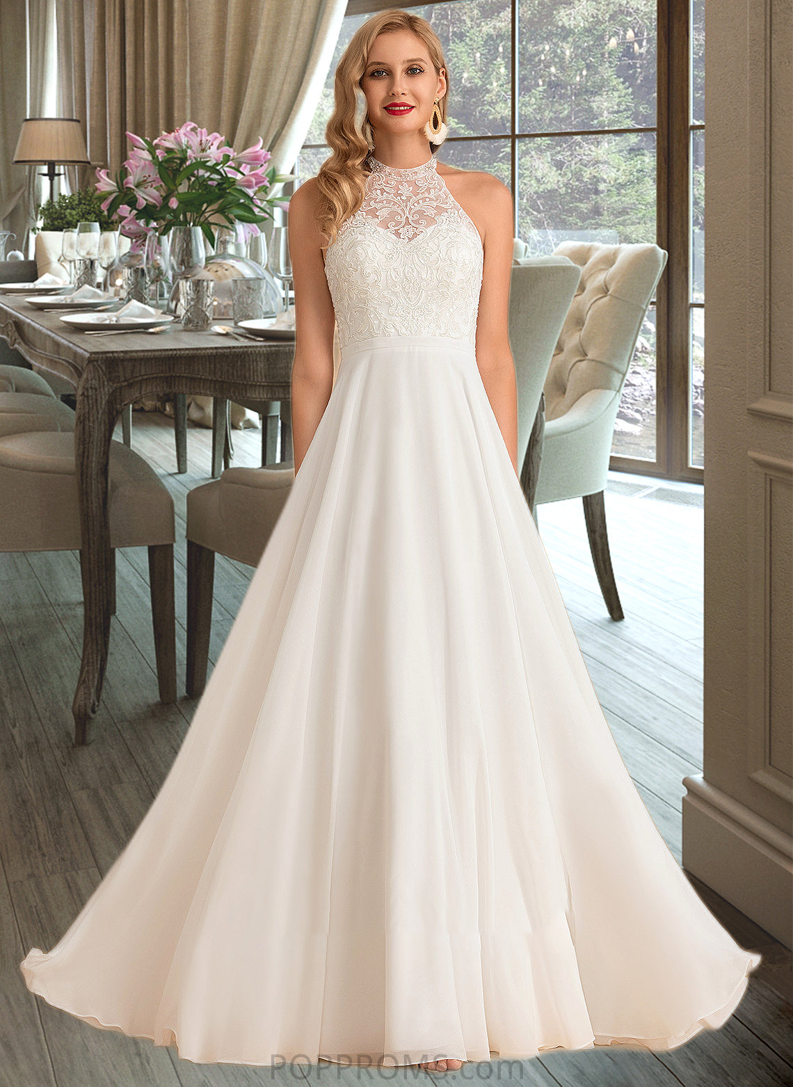 Jayla A-Line High Neck Floor-Length Chiffon Wedding Dress PP6P0013702