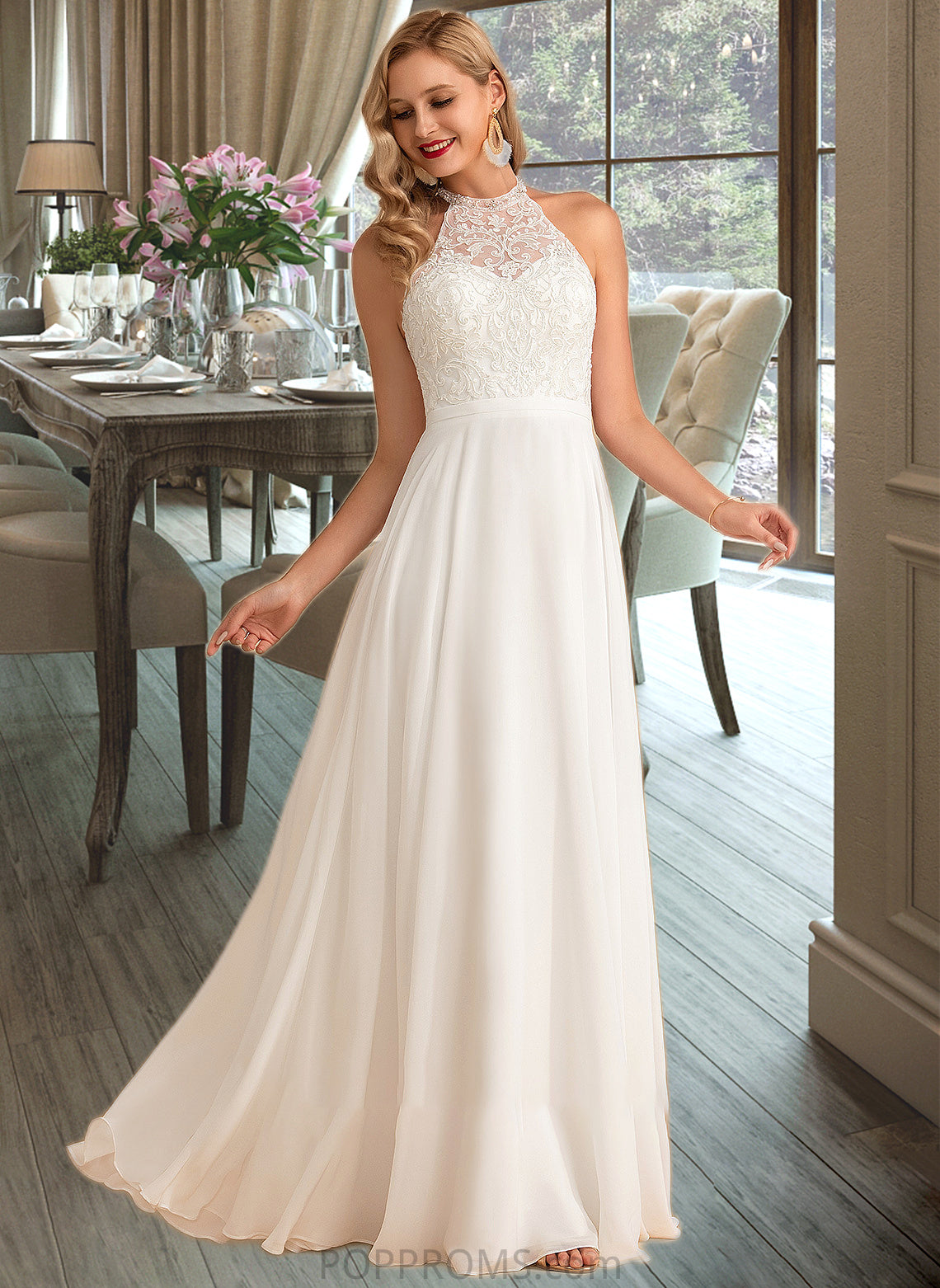 Jayla A-Line High Neck Floor-Length Chiffon Wedding Dress PP6P0013702