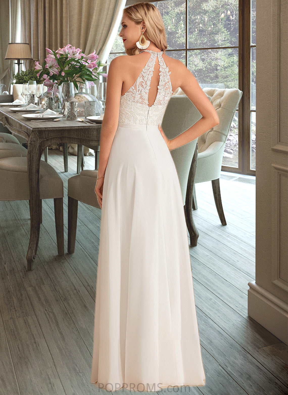 Jayla A-Line High Neck Floor-Length Chiffon Wedding Dress PP6P0013702