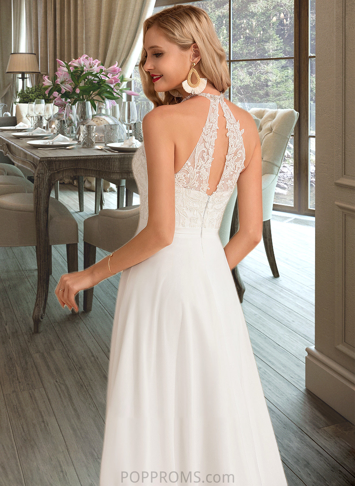 Jayla A-Line High Neck Floor-Length Chiffon Wedding Dress PP6P0013702