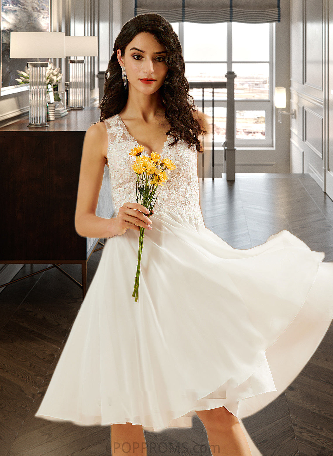 Hailey A-Line V-neck Knee-Length Wedding Dress With Lace Sequins PP6P0013703