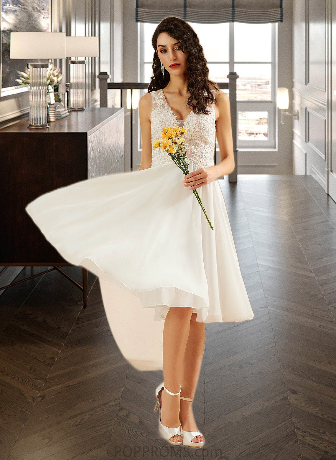 Hailey A-Line V-neck Knee-Length Wedding Dress With Lace Sequins PP6P0013703