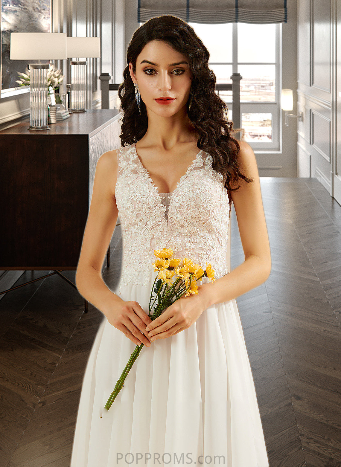 Hailey A-Line V-neck Knee-Length Wedding Dress With Lace Sequins PP6P0013703