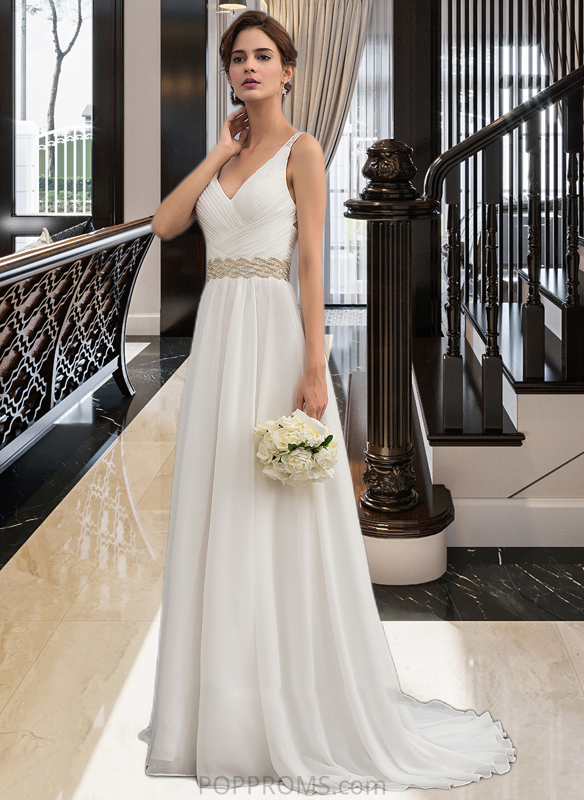 Destinee A-Line V-neck Sweep Train Chiffon Wedding Dress With Ruffle Lace Beading Sequins PP6P0013705