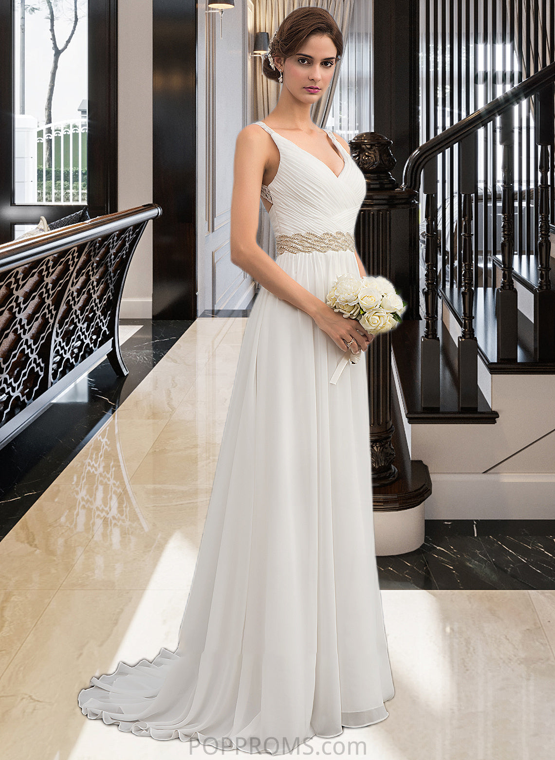 Destinee A-Line V-neck Sweep Train Chiffon Wedding Dress With Ruffle Lace Beading Sequins PP6P0013705