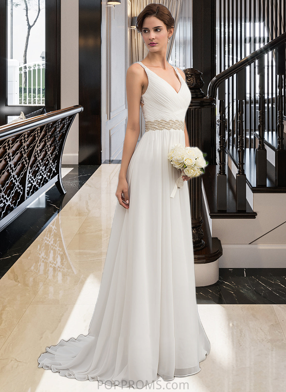 Destinee A-Line V-neck Sweep Train Chiffon Wedding Dress With Ruffle Lace Beading Sequins PP6P0013705