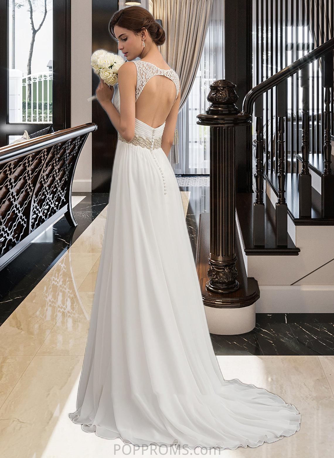 Destinee A-Line V-neck Sweep Train Chiffon Wedding Dress With Ruffle Lace Beading Sequins PP6P0013705