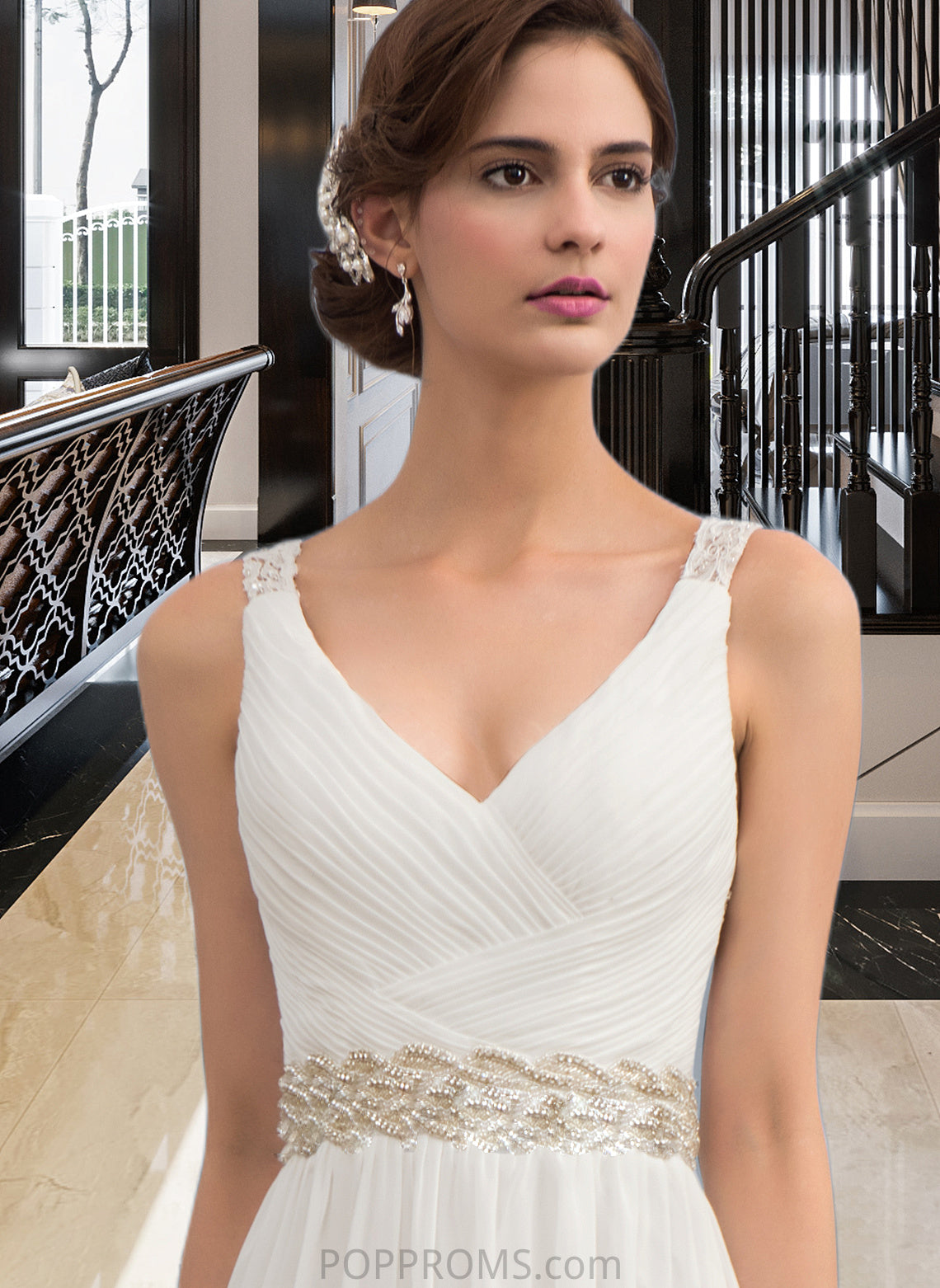 Destinee A-Line V-neck Sweep Train Chiffon Wedding Dress With Ruffle Lace Beading Sequins PP6P0013705