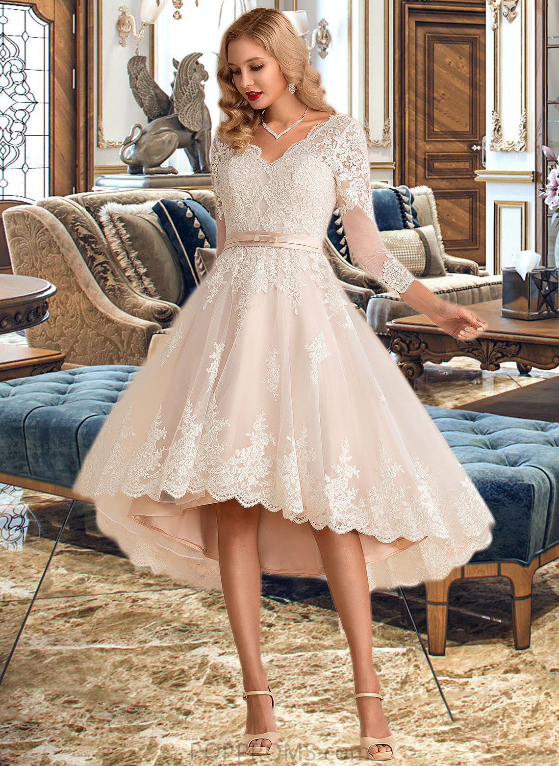 Eliza A-Line V-neck Asymmetrical Satin Tulle Lace Wedding Dress PP6P0013706