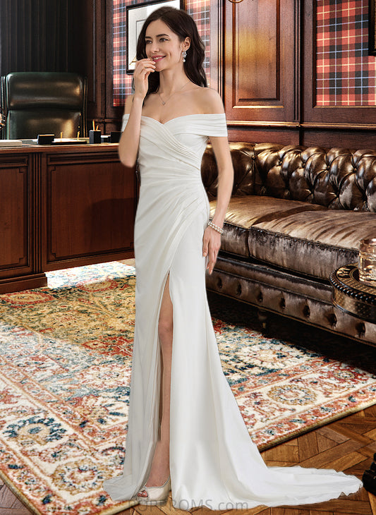 Jamiya Sheath/Column Off-the-Shoulder Sweep Train Stretch Crepe Wedding Dress With Ruffle Split Front PP6P0013707