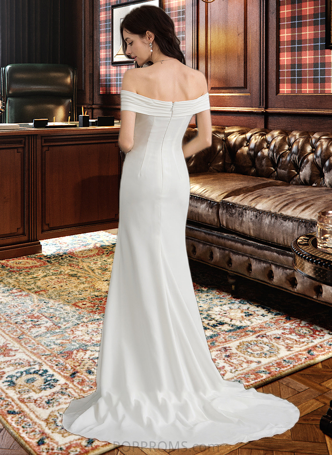 Jamiya Sheath/Column Off-the-Shoulder Sweep Train Stretch Crepe Wedding Dress With Ruffle Split Front PP6P0013707