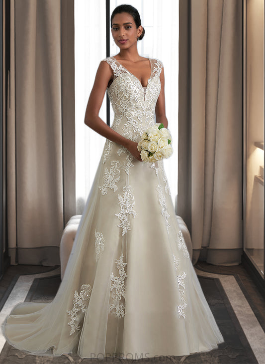 Emilia A-Line V-neck Court Train Tulle Lace Wedding Dress With Beading Sequins PP6P0013709