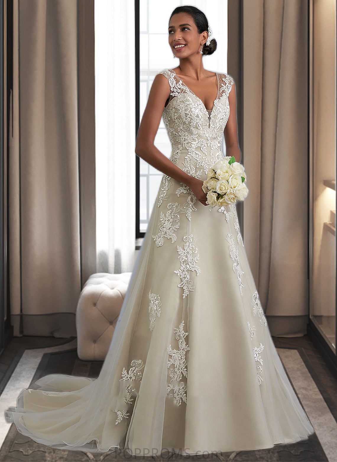 Emilia A-Line V-neck Court Train Tulle Lace Wedding Dress With Beading Sequins PP6P0013709