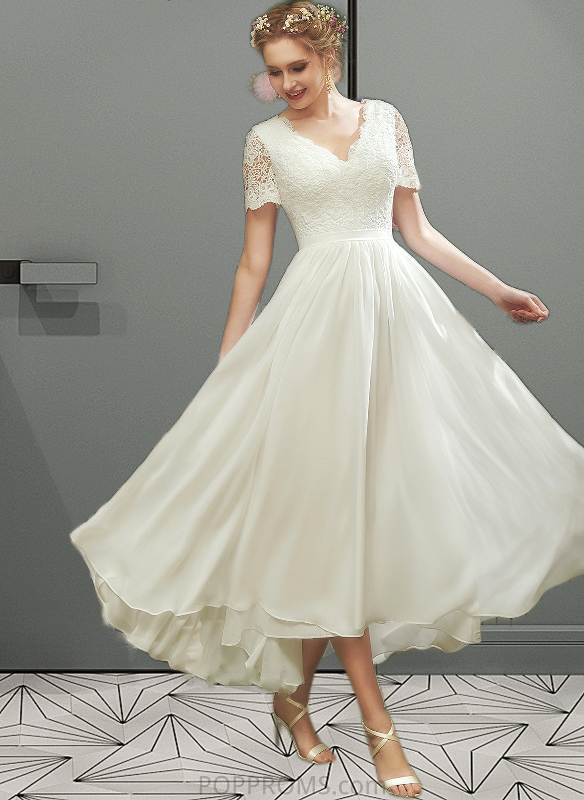 Jamya A-Line V-neck Asymmetrical Wedding Dress With Lace PP6P0013712