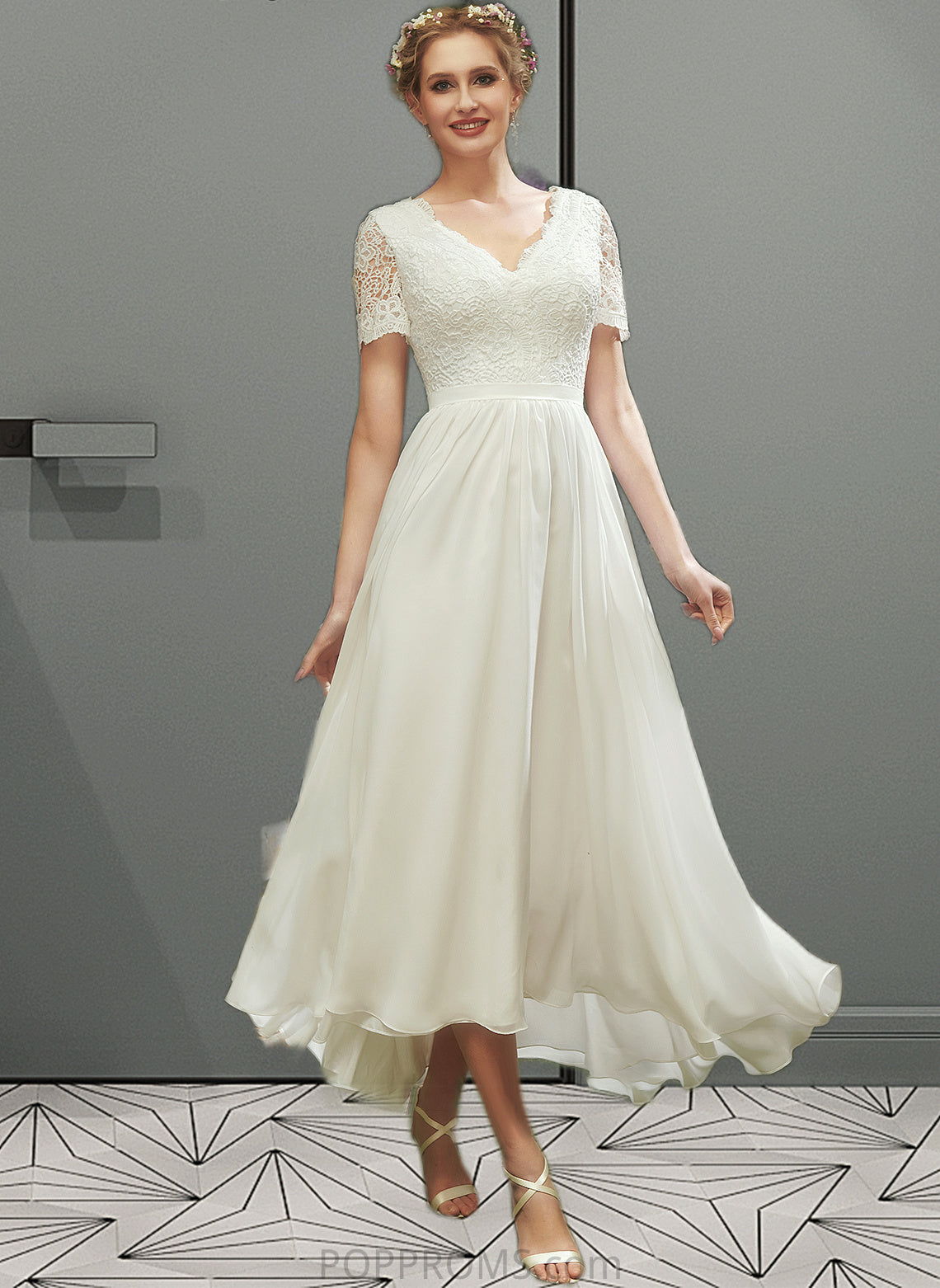 Jamya A-Line V-neck Asymmetrical Wedding Dress With Lace PP6P0013712