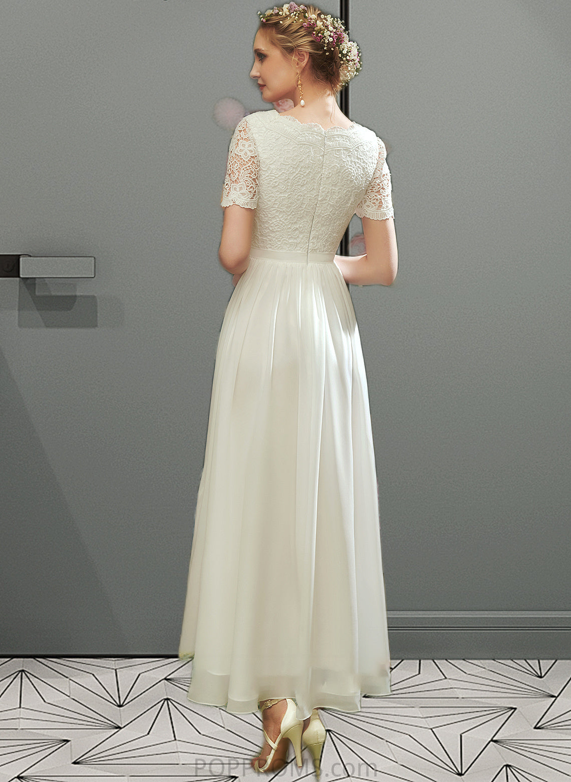 Jamya A-Line V-neck Asymmetrical Wedding Dress With Lace PP6P0013712