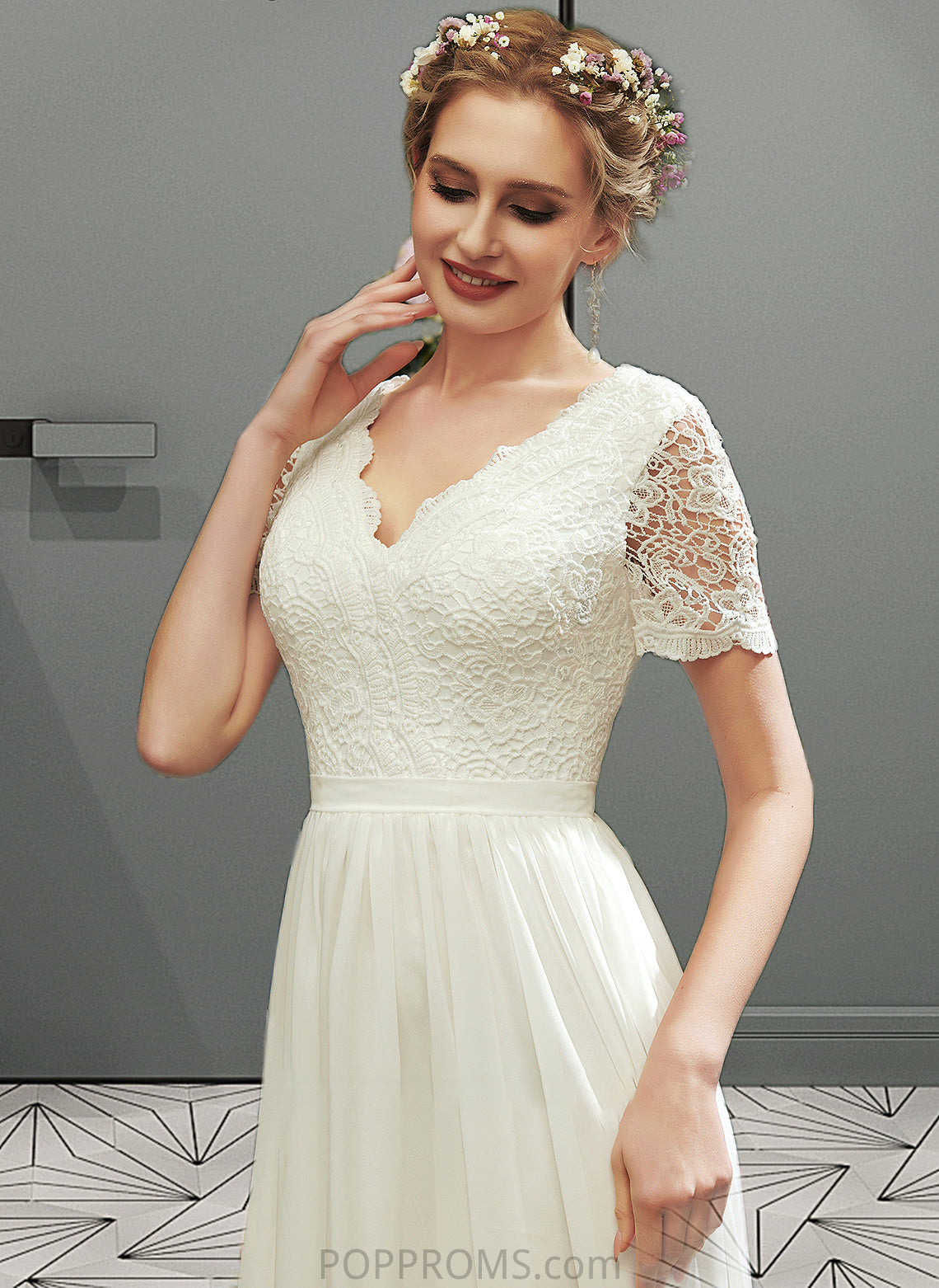 Jamya A-Line V-neck Asymmetrical Wedding Dress With Lace PP6P0013712