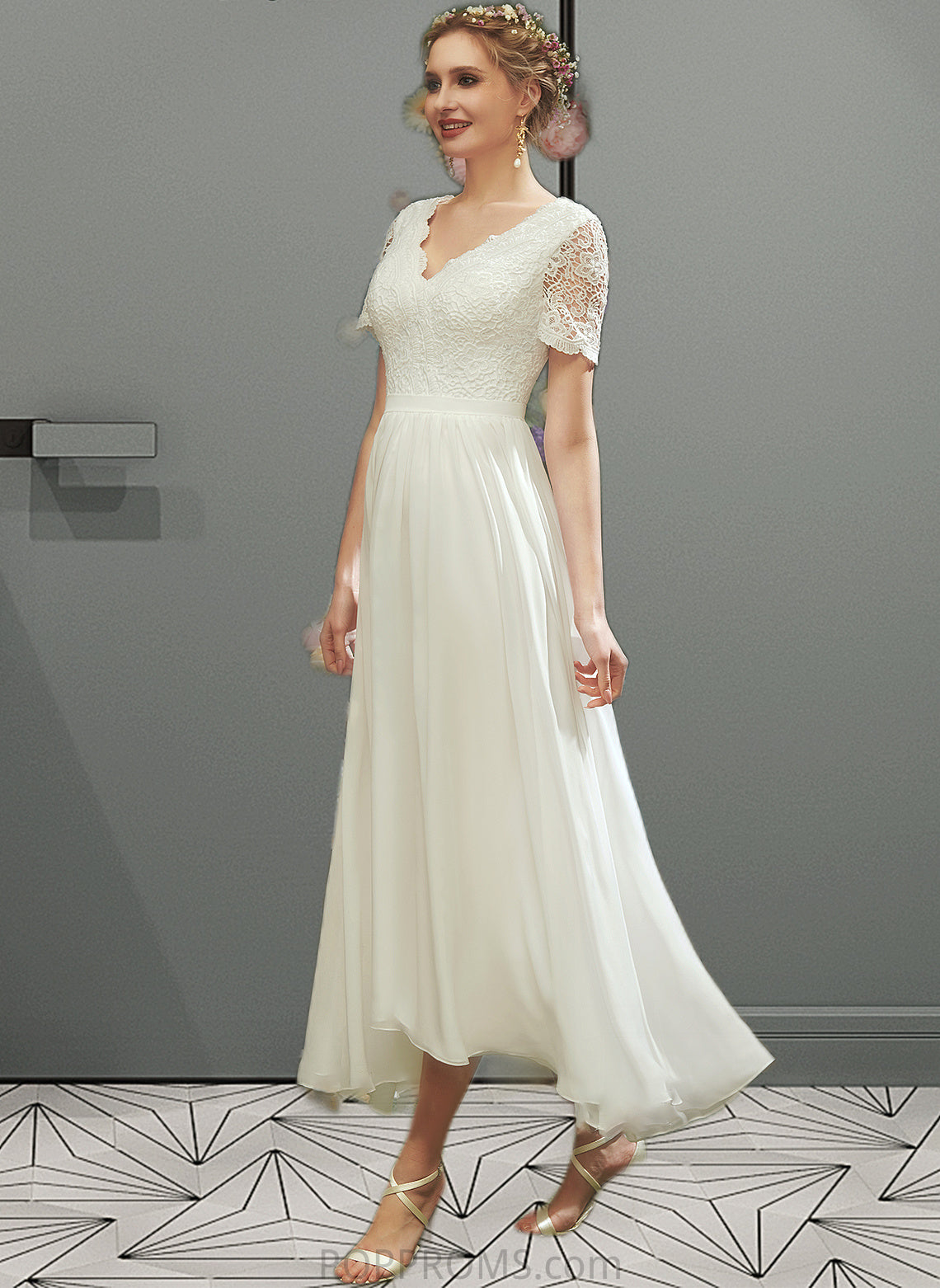 Jamya A-Line V-neck Asymmetrical Wedding Dress With Lace PP6P0013712