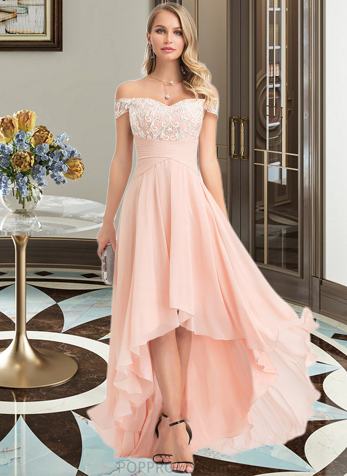 Lexi A-Line Off-the-Shoulder Asymmetrical Chiffon Wedding Dress With Sequins PP6P0013713