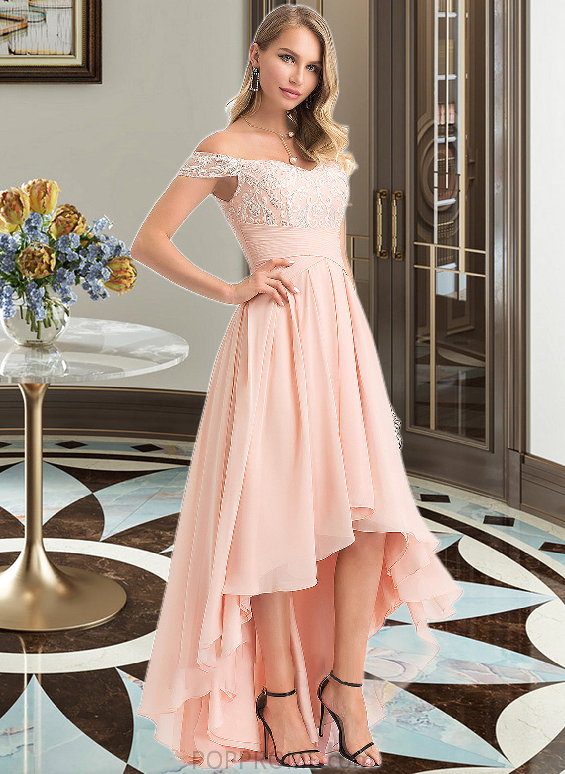 Lexi A-Line Off-the-Shoulder Asymmetrical Chiffon Wedding Dress With Sequins PP6P0013713