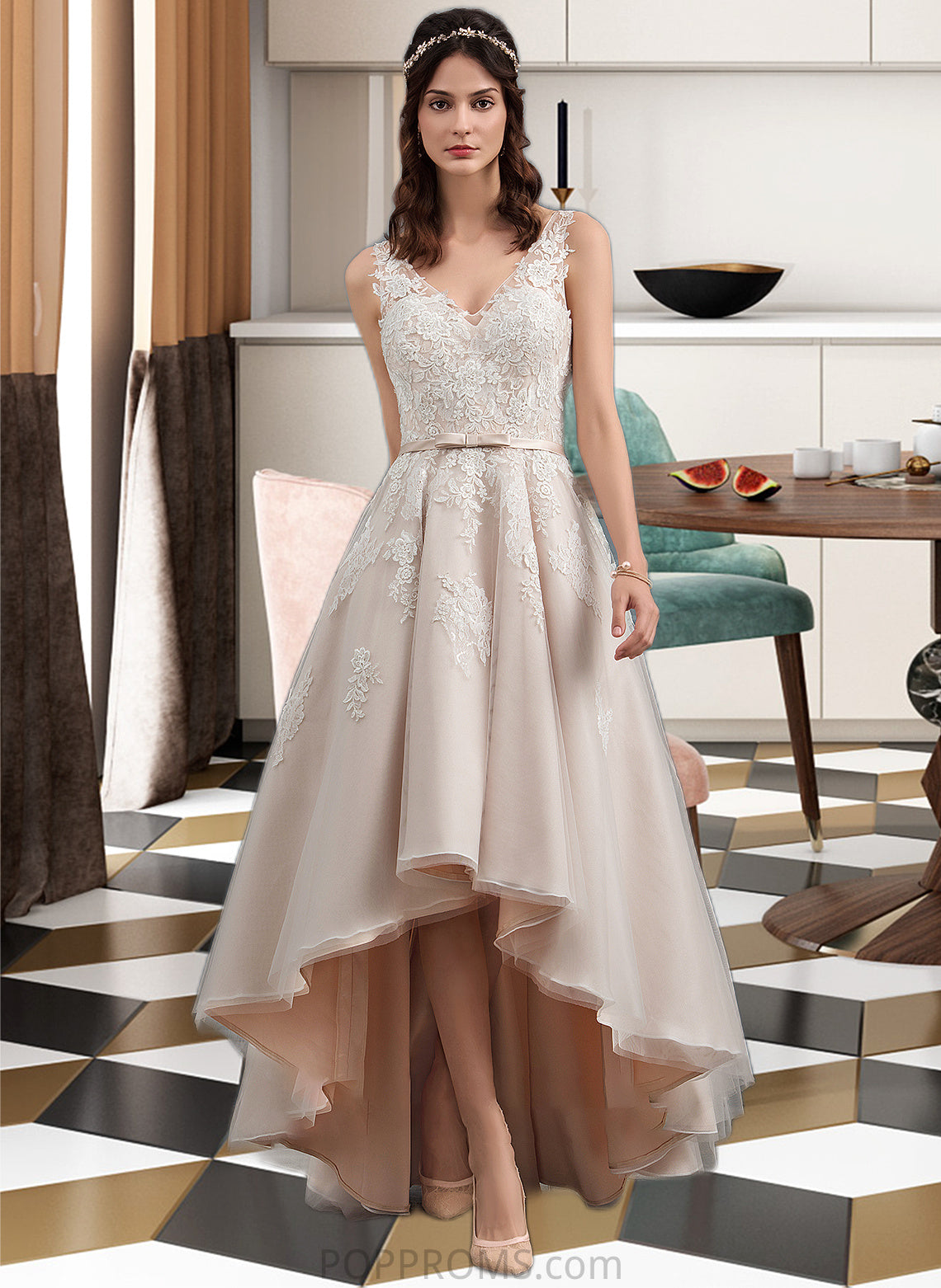 Marian A-Line V-neck Asymmetrical Tulle Lace Wedding Dress With Bow(s) PP6P0013717