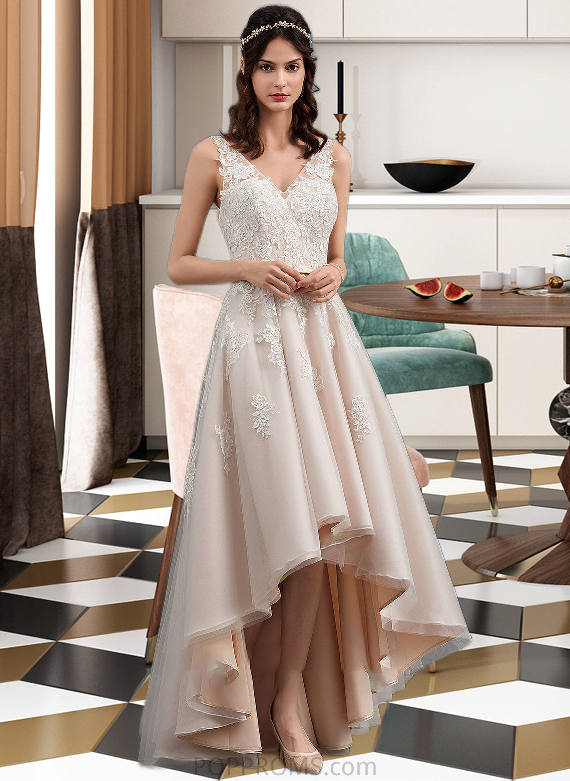 Marian A-Line V-neck Asymmetrical Tulle Lace Wedding Dress With Bow(s) PP6P0013717