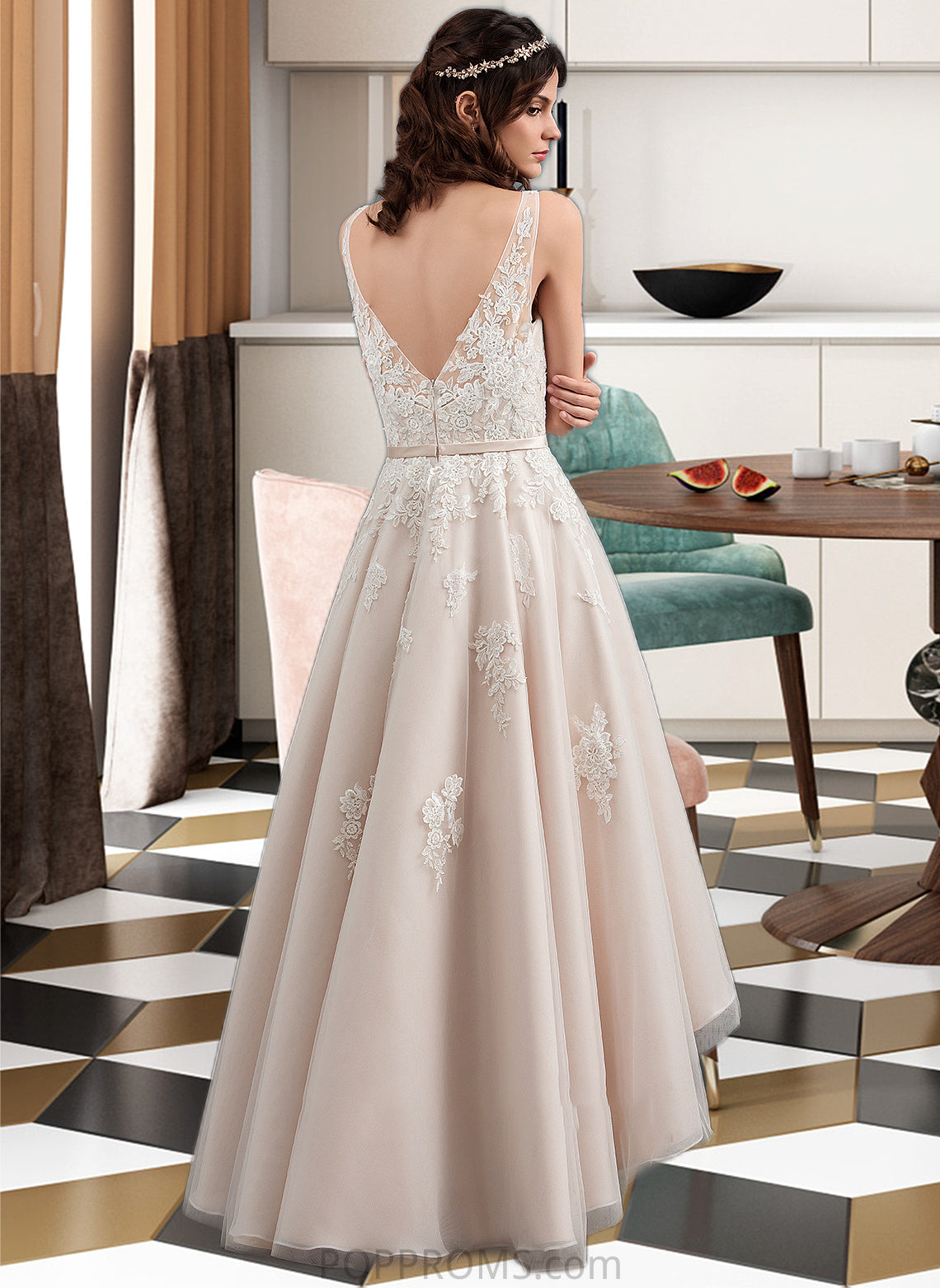 Marian A-Line V-neck Asymmetrical Tulle Lace Wedding Dress With Bow(s) PP6P0013717