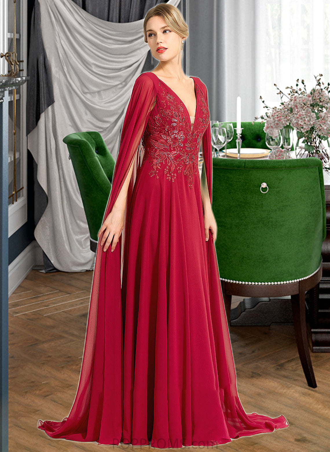 Henrietta A-Line V-neck Floor-Length Chiffon Wedding Dress With Sequins PP6P0013718