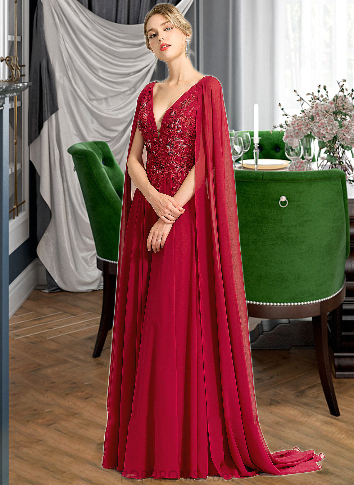 Henrietta A-Line V-neck Floor-Length Chiffon Wedding Dress With Sequins PP6P0013718