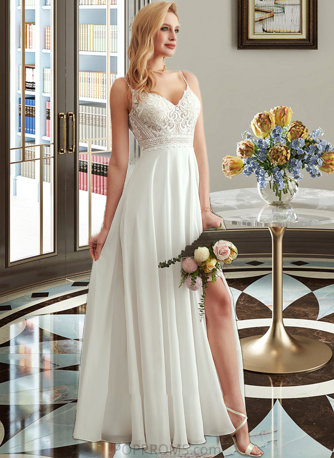 Hadassah A-Line V-neck Floor-Length Wedding Dress With Split Front PP6P0013721