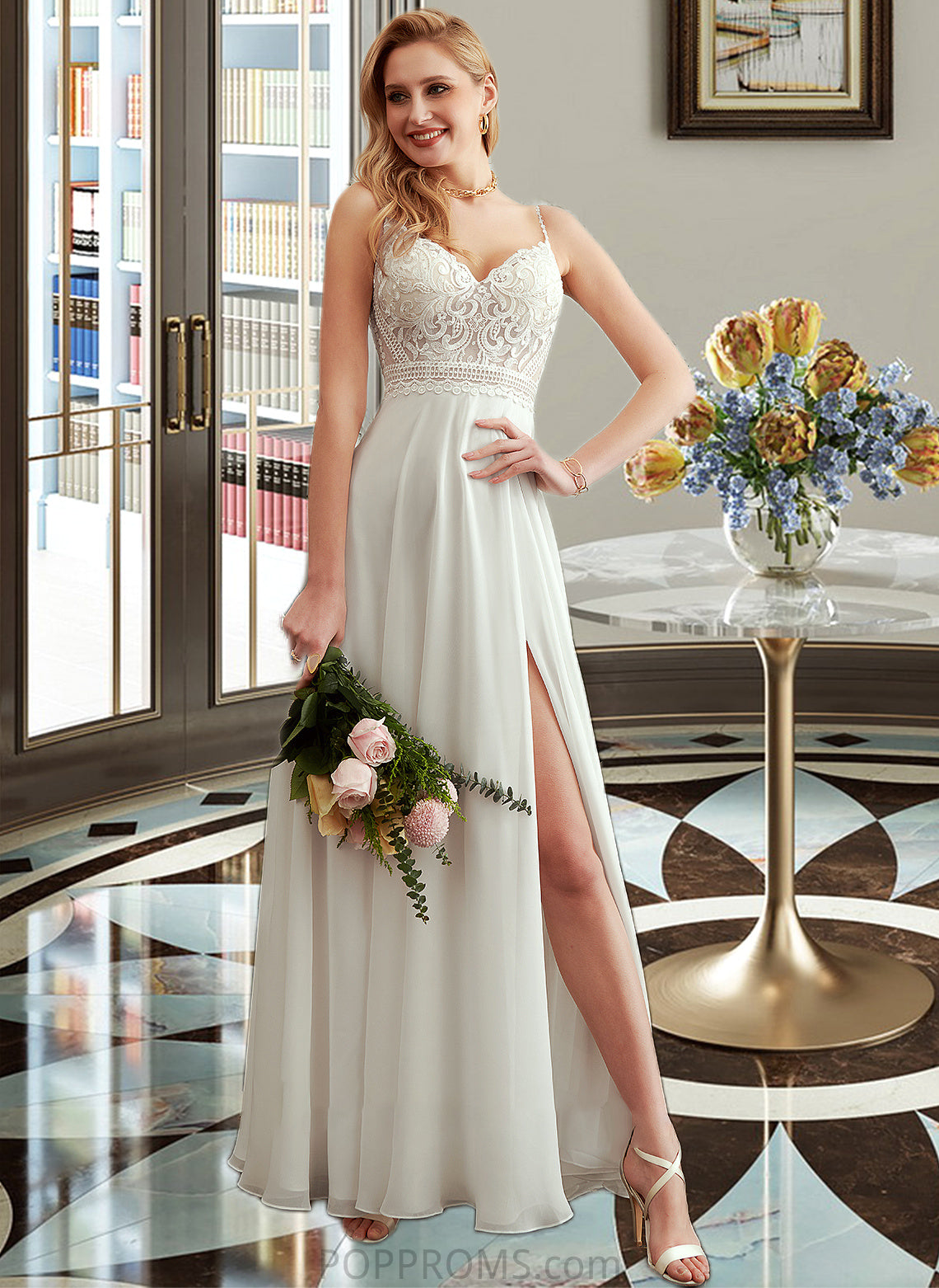 Hadassah A-Line V-neck Floor-Length Wedding Dress With Split Front PP6P0013721