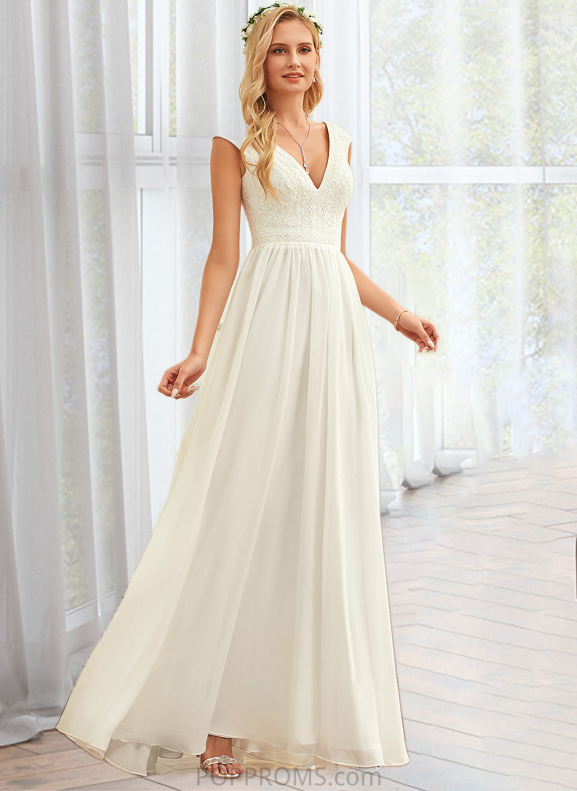 Marianna A-Line V-neck Floor-Length Chiffon Lace Wedding Dress PP6P0013722