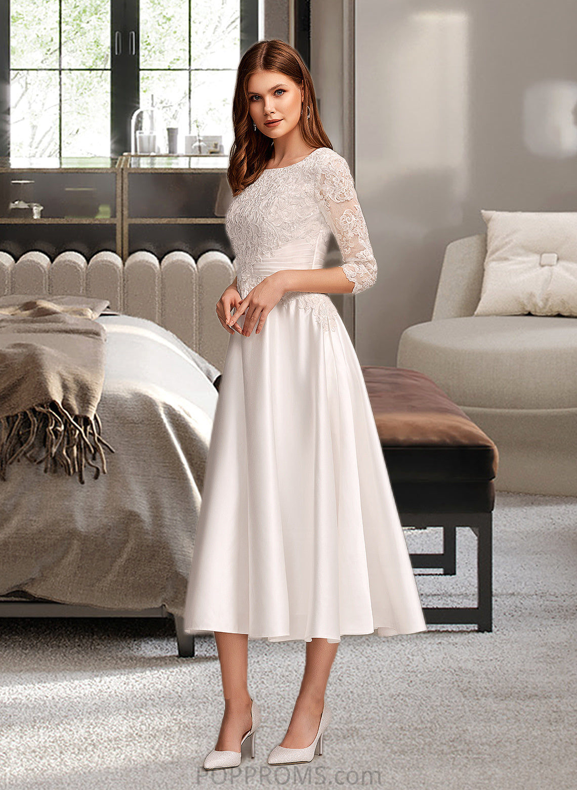 Abigayle A-Line Scoop Neck Tea-Length Wedding Dress With Pockets PP6P0013723