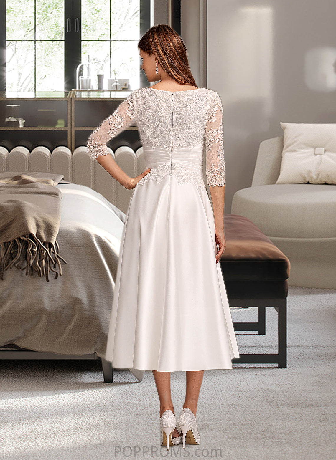 Abigayle A-Line Scoop Neck Tea-Length Wedding Dress With Pockets PP6P0013723