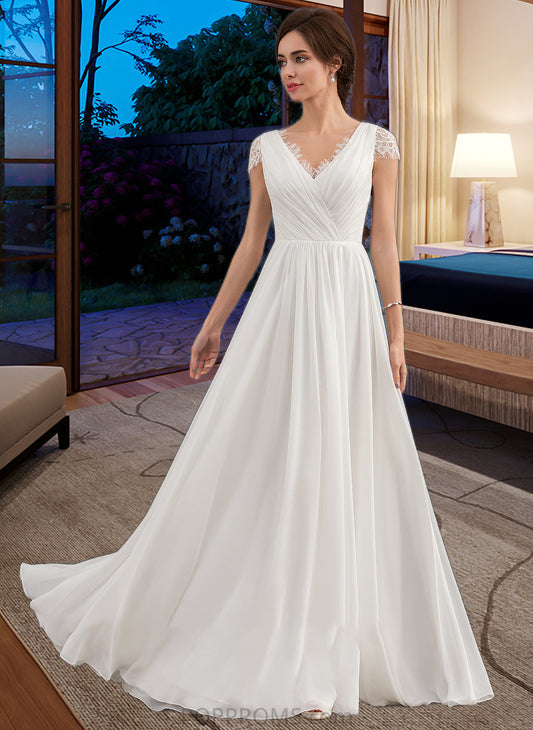 Lola A-Line V-neck Floor-Length Chiffon Lace Wedding Dress With Ruffle PP6P0013729