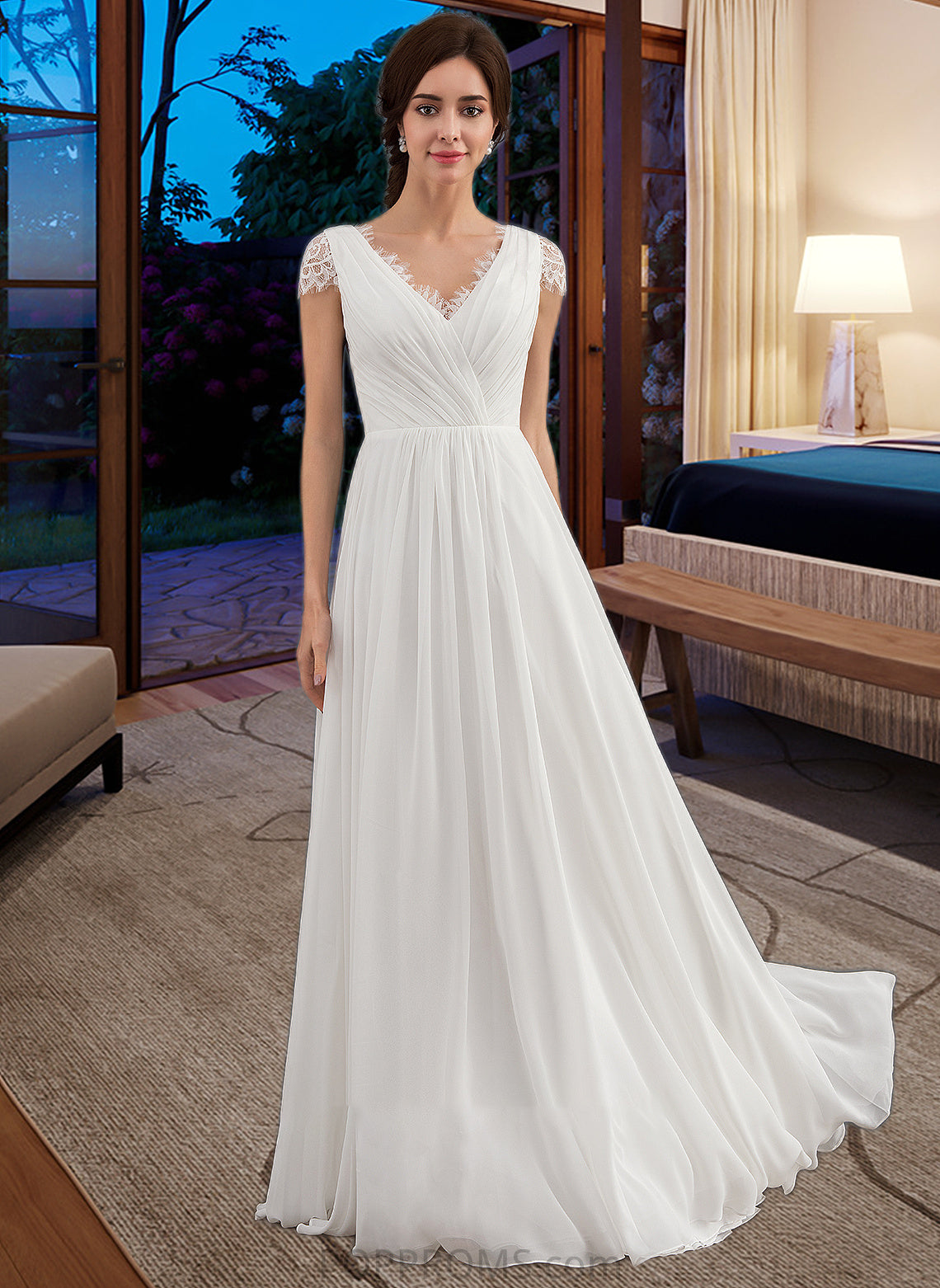 Lola A-Line V-neck Floor-Length Chiffon Lace Wedding Dress With Ruffle PP6P0013729