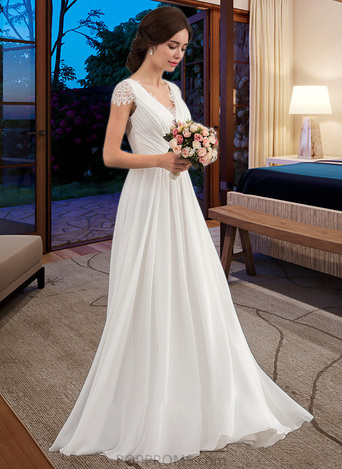 Lola A-Line V-neck Floor-Length Chiffon Lace Wedding Dress With Ruffle PP6P0013729