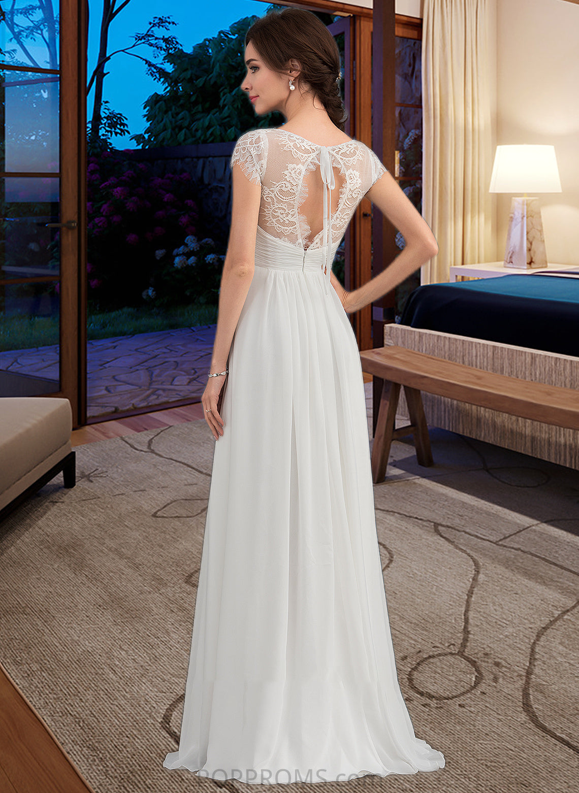 Lola A-Line V-neck Floor-Length Chiffon Lace Wedding Dress With Ruffle PP6P0013729