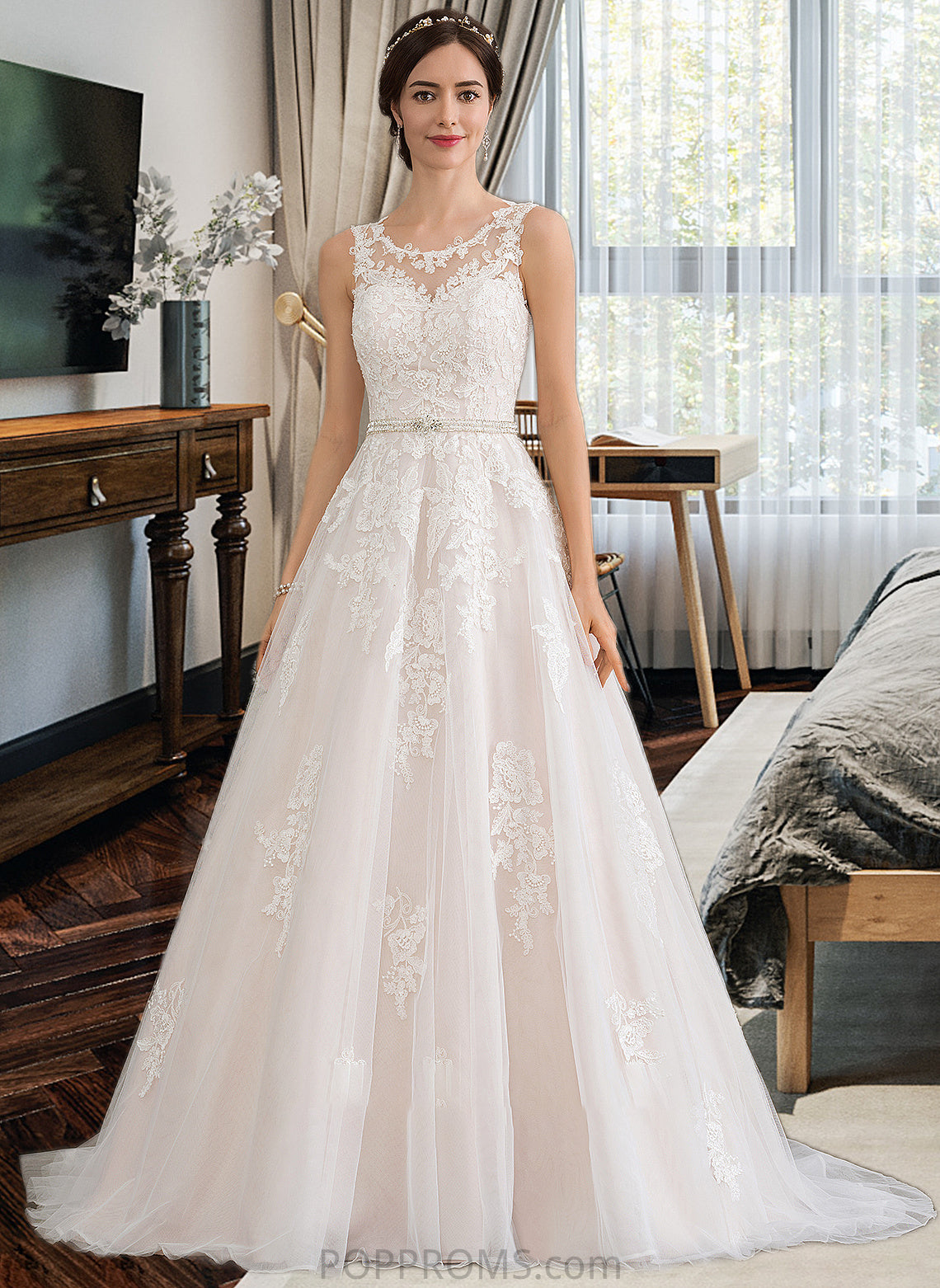 Sloane Ball-Gown/Princess Scoop Neck Court Train Tulle Wedding Dress With Beading Sequins PP6P0013730