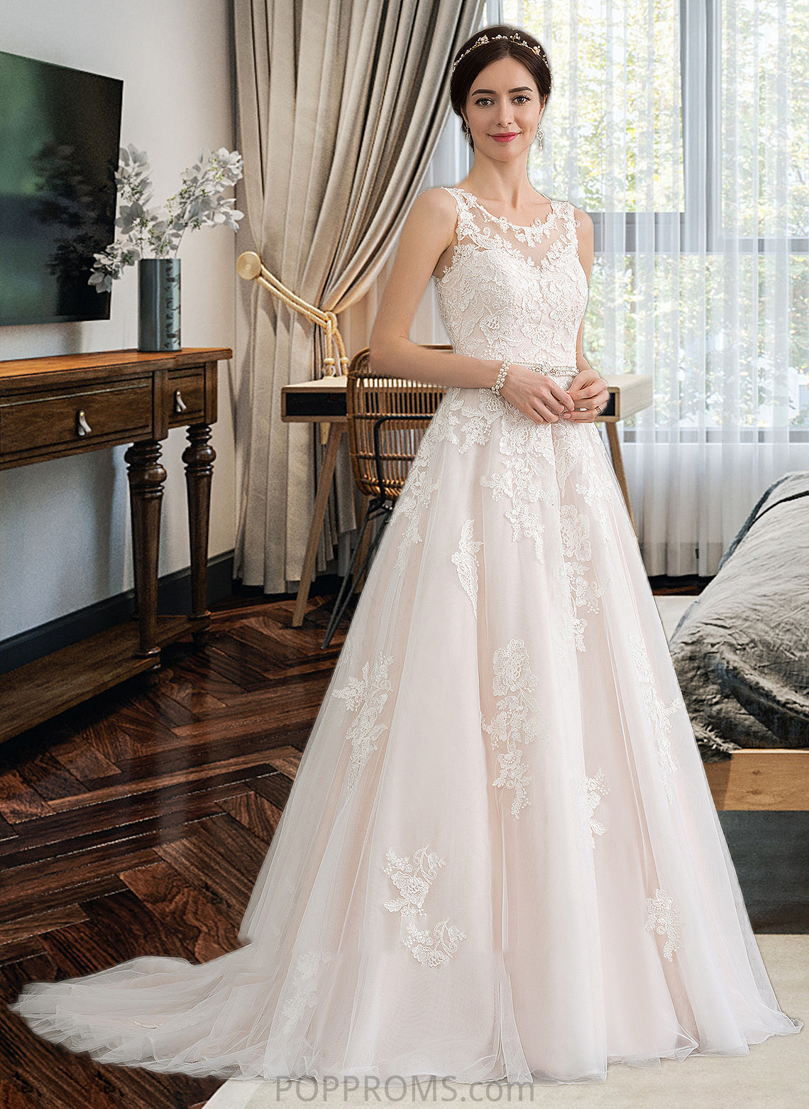 Sloane Ball-Gown/Princess Scoop Neck Court Train Tulle Wedding Dress With Beading Sequins PP6P0013730