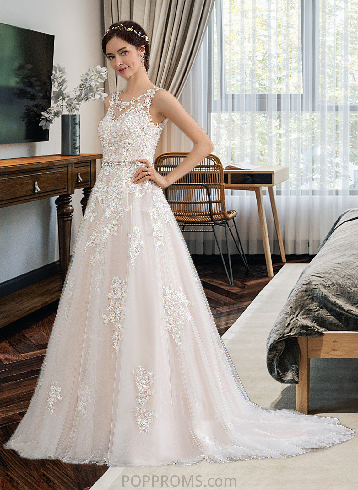 Sloane Ball-Gown/Princess Scoop Neck Court Train Tulle Wedding Dress With Beading Sequins PP6P0013730