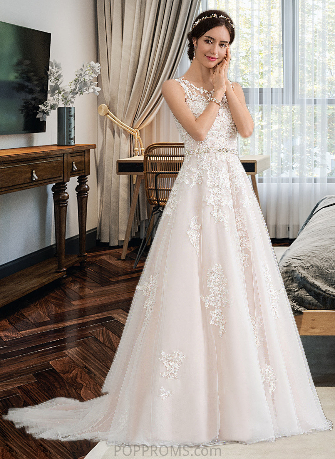 Sloane Ball-Gown/Princess Scoop Neck Court Train Tulle Wedding Dress With Beading Sequins PP6P0013730