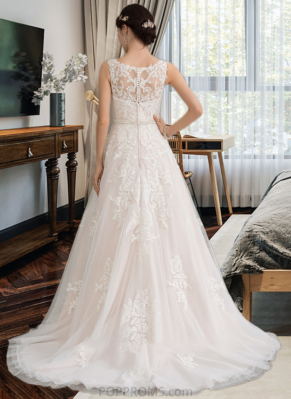 Sloane Ball-Gown/Princess Scoop Neck Court Train Tulle Wedding Dress With Beading Sequins PP6P0013730