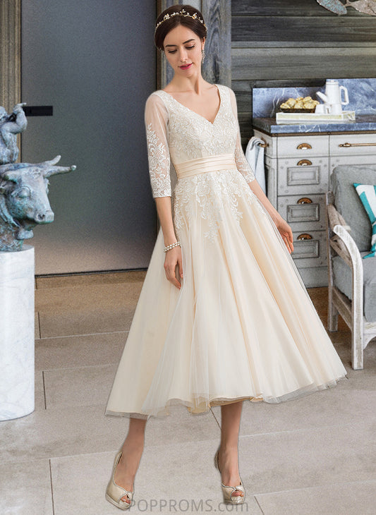 Raina Ball-Gown/Princess V-neck Tea-Length Tulle Wedding Dress PP6P0013731