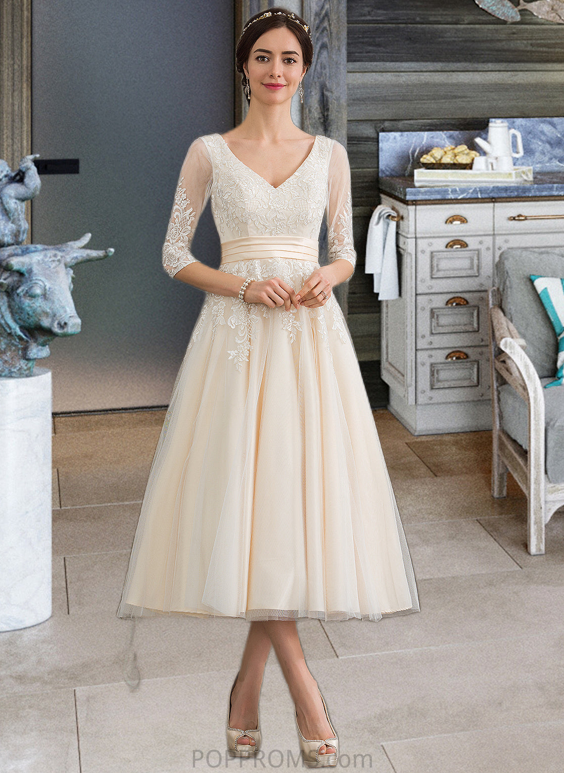 Raina Ball-Gown/Princess V-neck Tea-Length Tulle Wedding Dress PP6P0013731