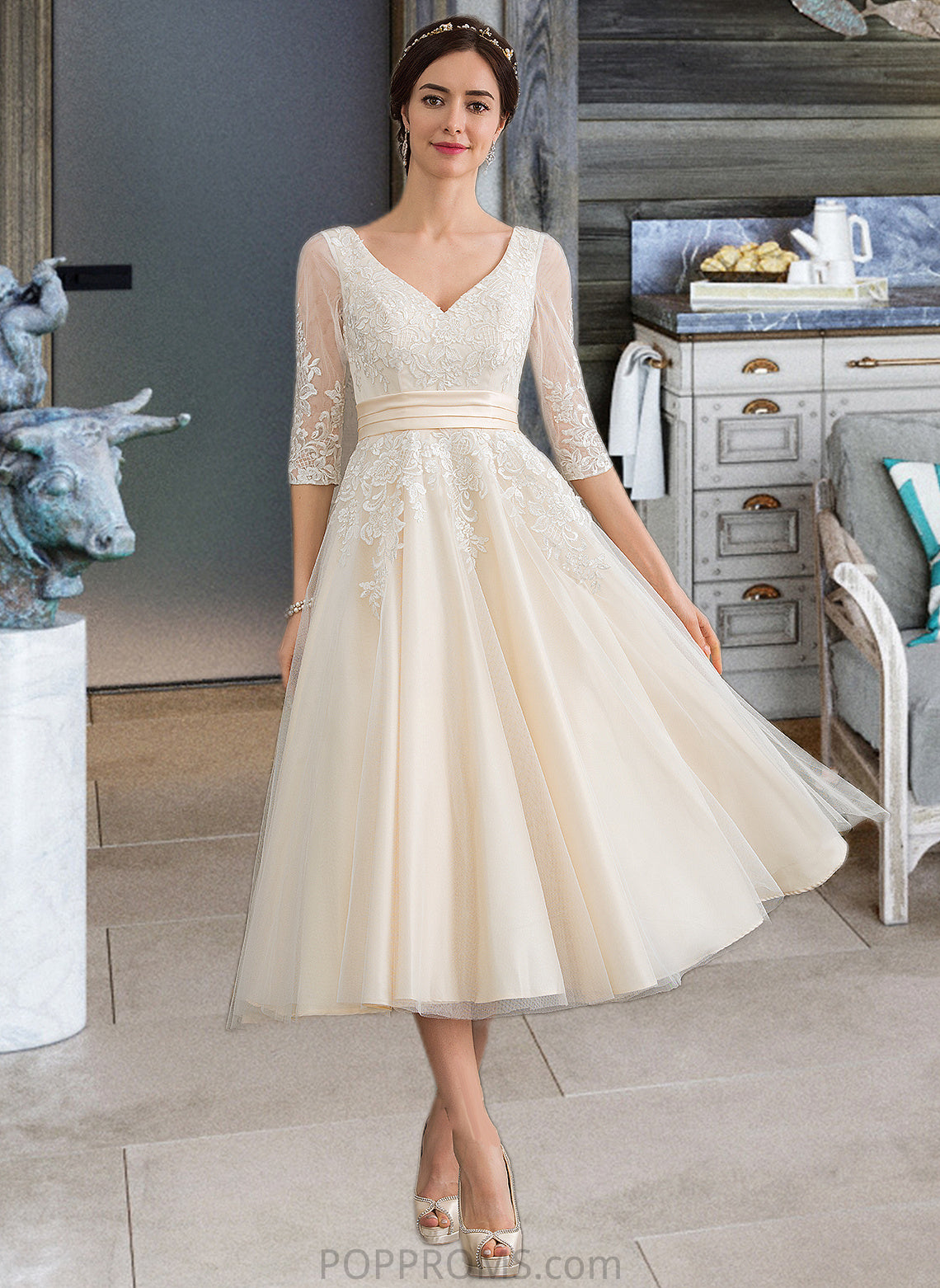 Raina Ball-Gown/Princess V-neck Tea-Length Tulle Wedding Dress PP6P0013731